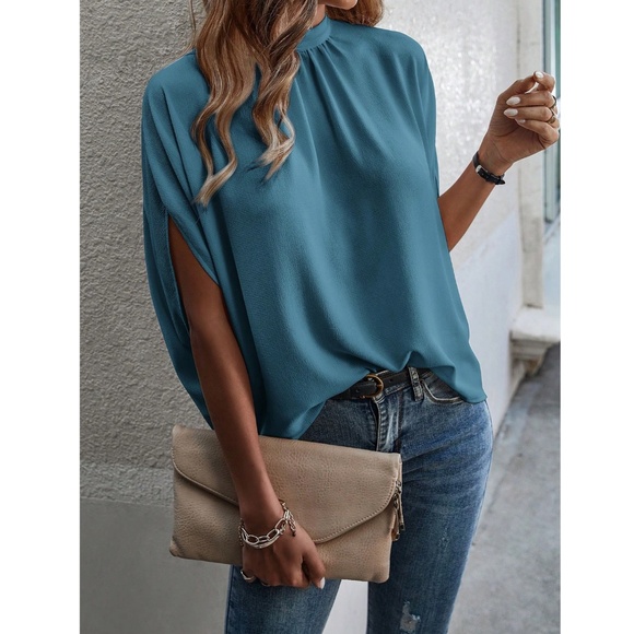 Teall Blue Blouse Top Flowy, High Neck - Picture 7 of 13
